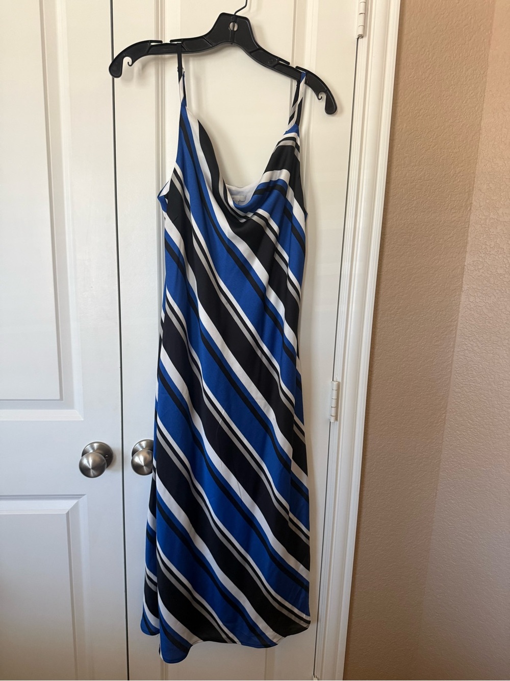 Cowl Neck Maxi Slip Dress in Royal Blue and Black Stripe